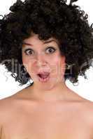 surprised girl in a black wig