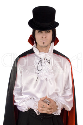 Young man in a suit of Count Dracula