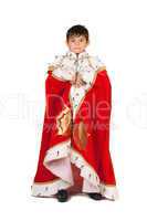 Boy dressed in a robe of King. Isolated