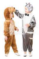 Boys dressed as a cat and dog