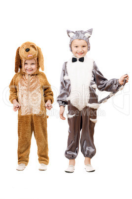 Funny boys dressed as a cat and dog