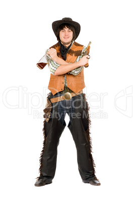 Happy cowboy with a bottle and gun
