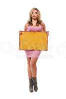 Young blonde posing with yellow board