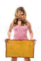 blonde posing with yellow vintage board