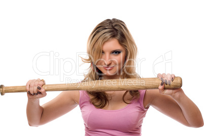 Closeup portrait of young woman with a bat