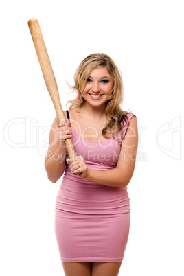 Portrait of funny young blonde with a bat