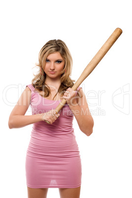 Portrait of beautiful young blonde with a bat