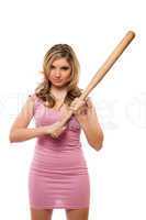 Portrait of beautiful young blonde with a bat