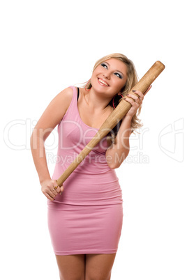 Portrait of happy young blonde with a bat