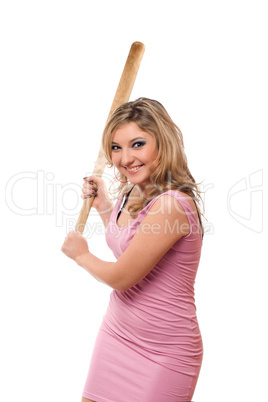 Portrait of joyful young blonde with a bat