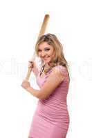 Portrait of joyful young blonde with a bat