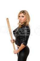 Portrait of pretty young blonde with a bat