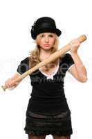 Portrait of angry young lady with a bat