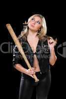 Playful young blonde with a bat