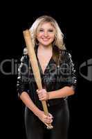 Cheerful young blonde with a bat