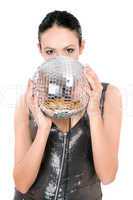 Portrait of brunette with a mirror ball