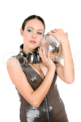 Portrait of young brunette with a mirror ball