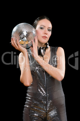 Portrait of nice young brunette with a mirror ball