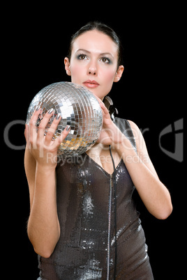 Portrait of young brunette with a mirror ball