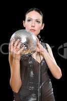 Portrait of young brunette with a mirror ball