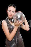 Portrait of beautiful young brunette with a mirror ball