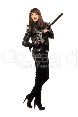 Female in black with gun