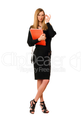Lady with the folder. Isolated on white