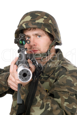 Armed soldier aiming m16