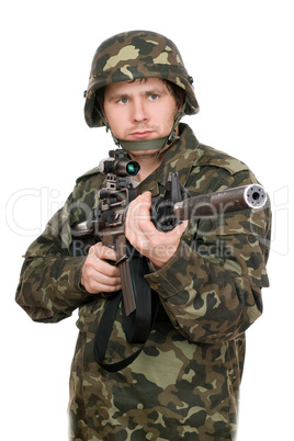 Armed soldier pointing m16. Upperhalf