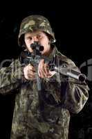 Alerted soldier keeping a gun