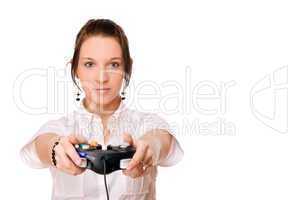 Young brunette girl with a joystick