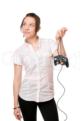 Beautiful brunette girl with a joystick