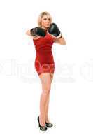 Blond young lady in  boxing gloves