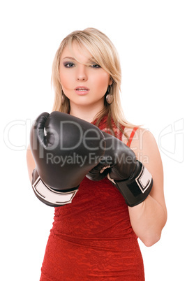 Beautiful blond girl in  boxing gloves