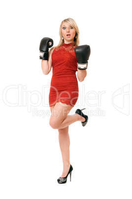 Pleasing blond woman in boxing gloves
