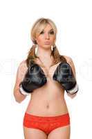 Attractive blond woman in boxers gloves