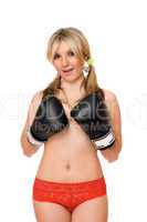 Attractive blond lady in boxers gloves