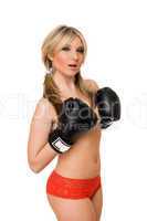 Playful blond woman in boxers gloves