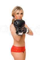 Playful blond lady in boxers gloves