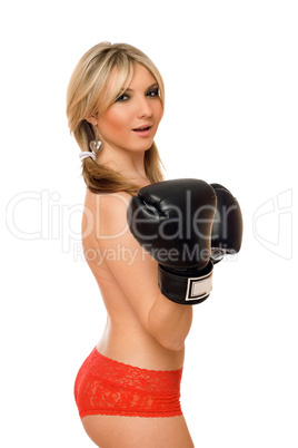 Playful blond girl in boxers gloves