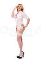 Alluring blond girl in white stockings