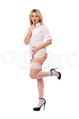 Appealing blond girl in white stockings