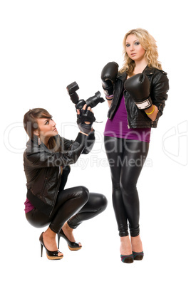 Blond and brunette with the camera