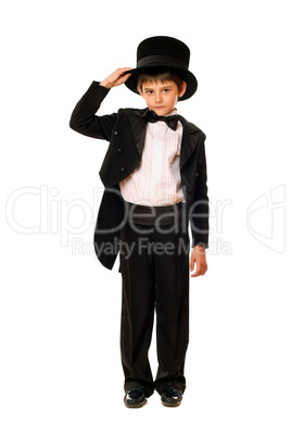 Little boy in a tuxedo and hat