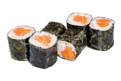 Sushi (Roll syake maki) on a white background