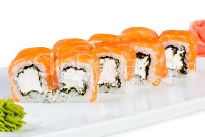 Sushi (Roll unagi maki syake) on a white background