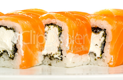 Sushi (Roll unagi maki syake) on a white background