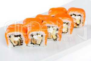 Sushi (Roll unagi maki syake) on a white background