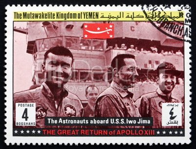 Postage stamp Yemen 1969 aboard Ship Iwo Jima, Apollo XIII