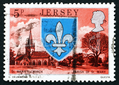 Postage stamp Guernsey 1976 Arms and St. Mary Church